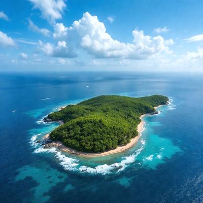 The primary subject of the image is a small island in the middle of the ocean. The island is surrounded by a beautiful blue ocean, and it appears to be a tropical paradise. The setting is a serene and peaceful environment, with no visible signs of human activity. The visual style of the image is a photo, capturing the natural beauty of the island and its surroundings. The colors and mood of the image are predominantly blue and calming, creating a serene atmosphere that evokes a sense of relaxation and tranquility.